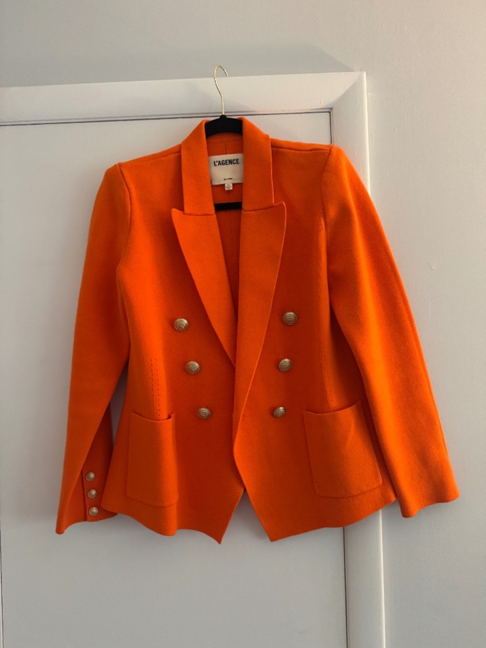 L’AGENCE Orange Double Breasted Knit Blazer Gold Buttons Size M